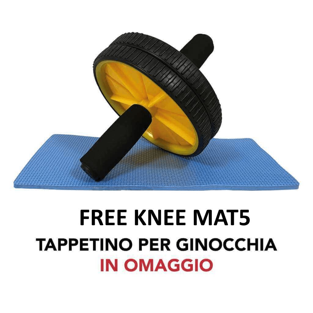 Ruota fitness su tappetino blu. Testo: FREE KNEE MAT5, TAPPETINO PER GINOCCHIA IN OMAGGIO.