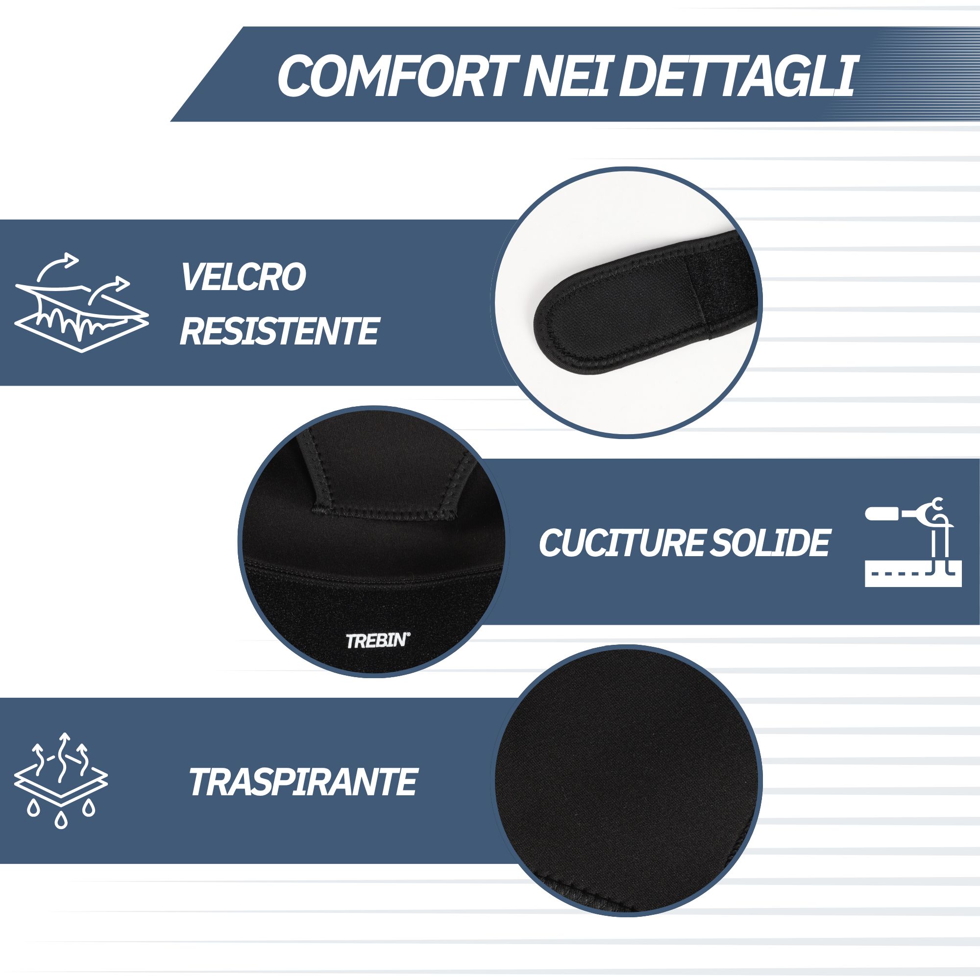 Dettagli di un tutore per spalla nero: velcro resistente, cuciture, tessuto traspirante.