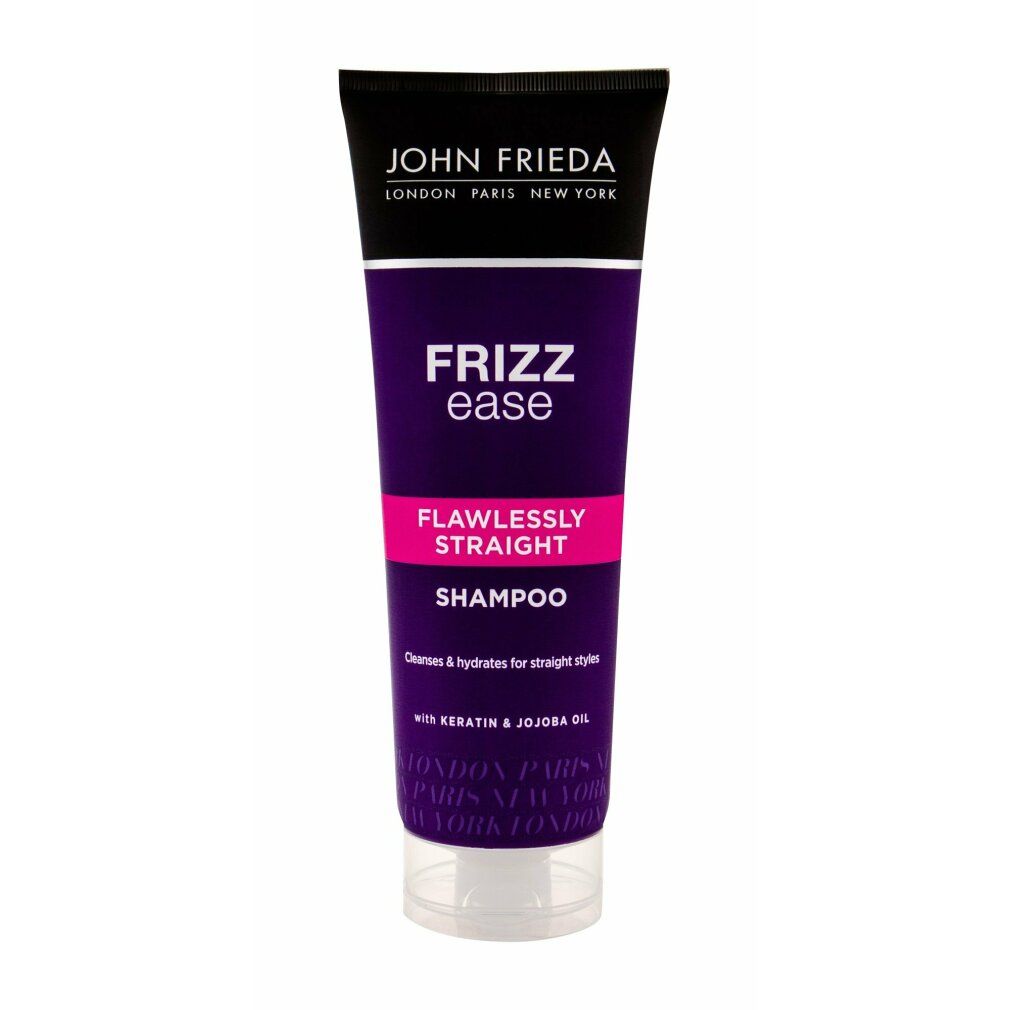 Tubo viola con tappo nero. Scritta: John Frieda, Frizz Ease, Flawlessly Straight Shampoo. Contiene cheratina e olio di jojoba.