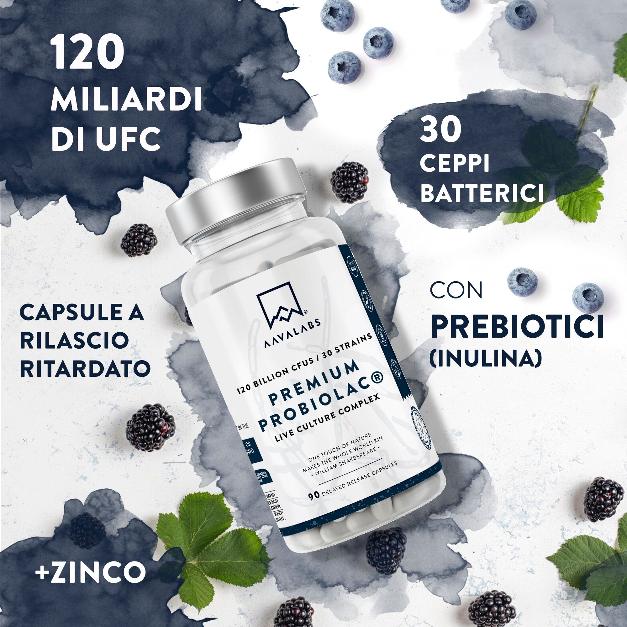 Capsule Aavalabs Premium Probiolac con mirtilli e more. 120 miliardi di UFC, 30 ceppi, con prebiotici.