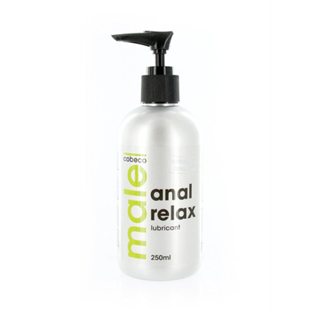 Flacone argento con erogatore nero. Scritta: male, anal relax lubricant, 250ml. Marchio: cobeco.