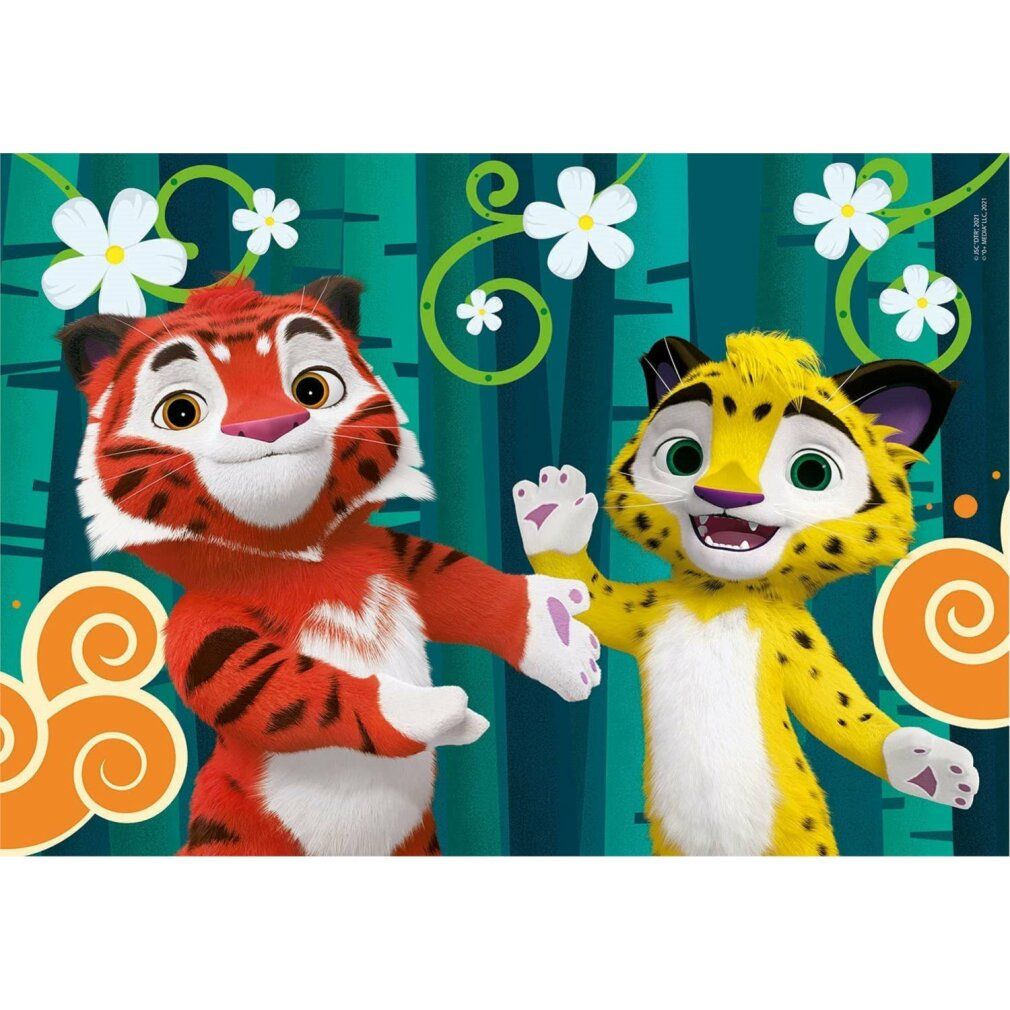 Motivo puzzle con Leo, Tig e altri due personaggi. Tig in giallo, gli altri in marrone e arancione. Sfondo con montagne, fiori e libellule.