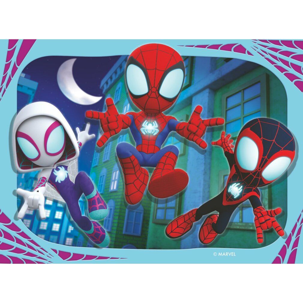Puzzle con Spidey e amici. Tre personaggi dei fumetti: Spider-Man, Spider-Gwen e Miles Morales davanti a uno sfondo urbano.