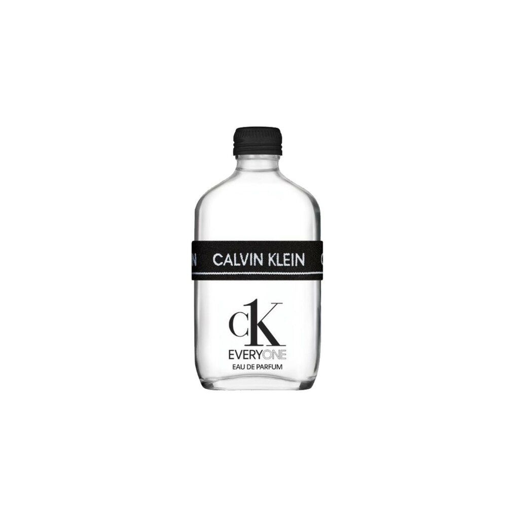 Flacone trasparente con tappo nero e fascia "CALVIN KLEIN". Scritta "ck EVERYONE EAU DE PARFUM".