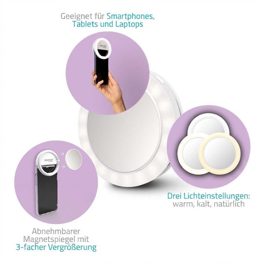 Specchio selfie con anello luminoso a LED, staccabile, 3 ingrandimenti, 3 colori di luce.