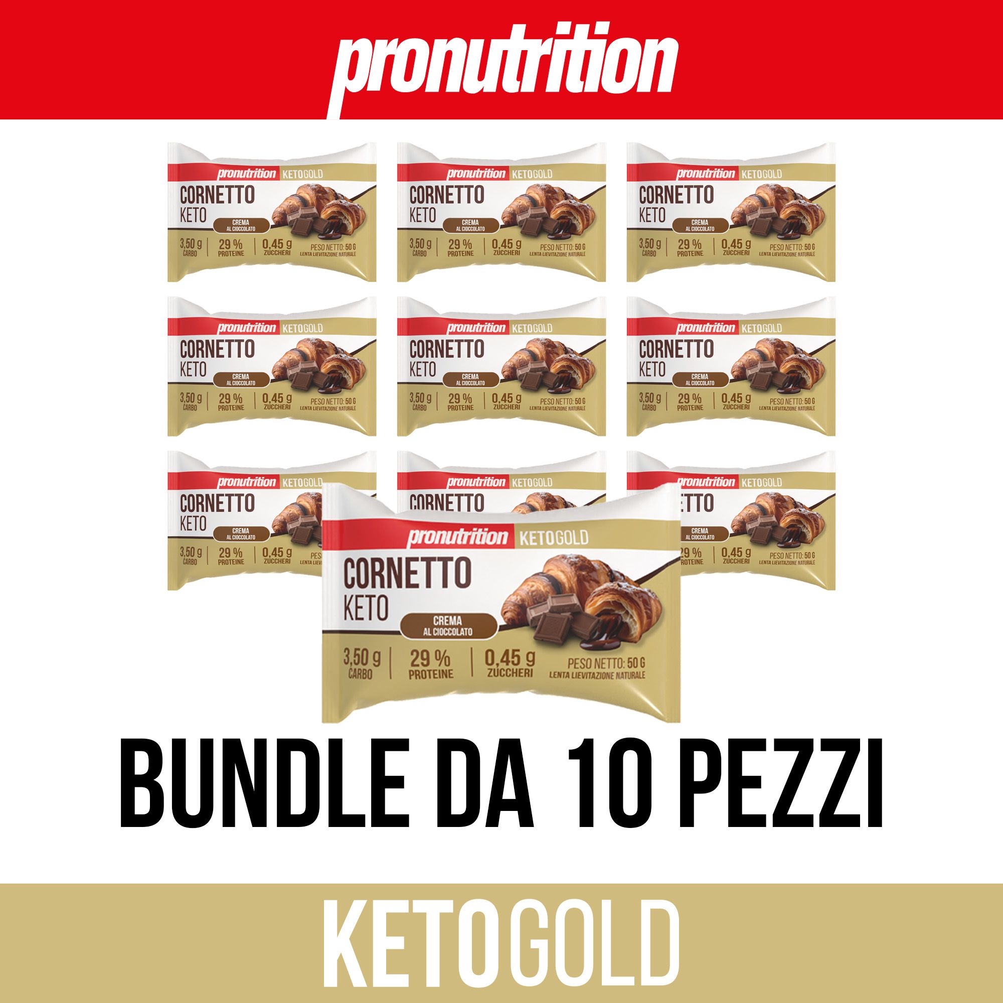 Più prodotti confezionati. Scritta: Cornetto Keto. Confezione da 10 pezzi. Keto Gold.