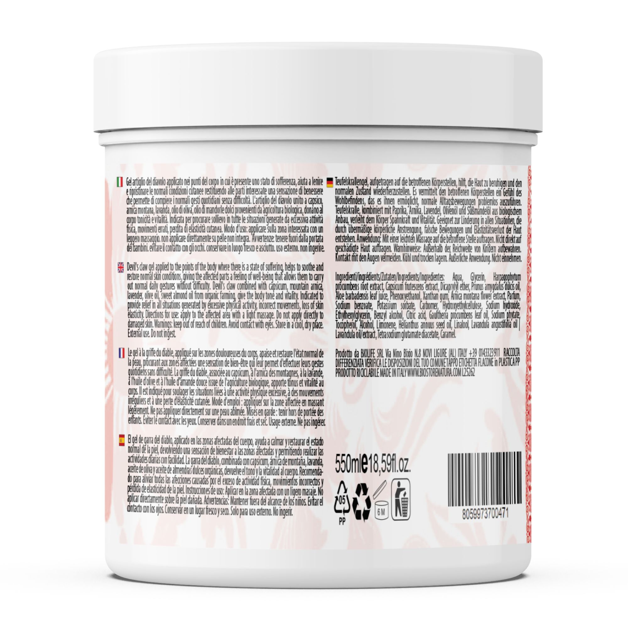 Vaso bianco con informazioni sul prodotto e ingredienti. Testo in tedesco, italiano, francese e inglese. 550ml.