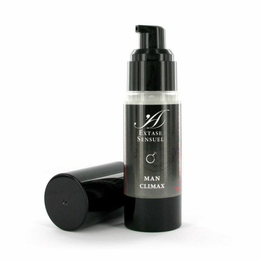 Flacone con erogatore a pompa e tappo nero, tappo appoggiato accanto. "Extase Sensuel MAN CLIMAX".