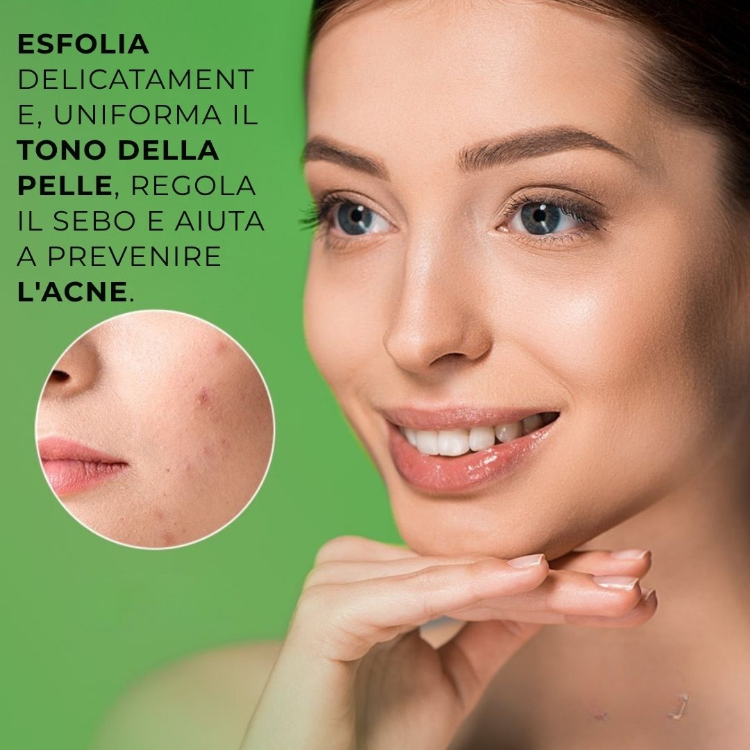 Donna con imperfezioni cutanee. In cerchio: imperfezioni cutanee. Testo: Esfolia delicatamente, uniforma il tono, regola il sebo, previene l'acne.