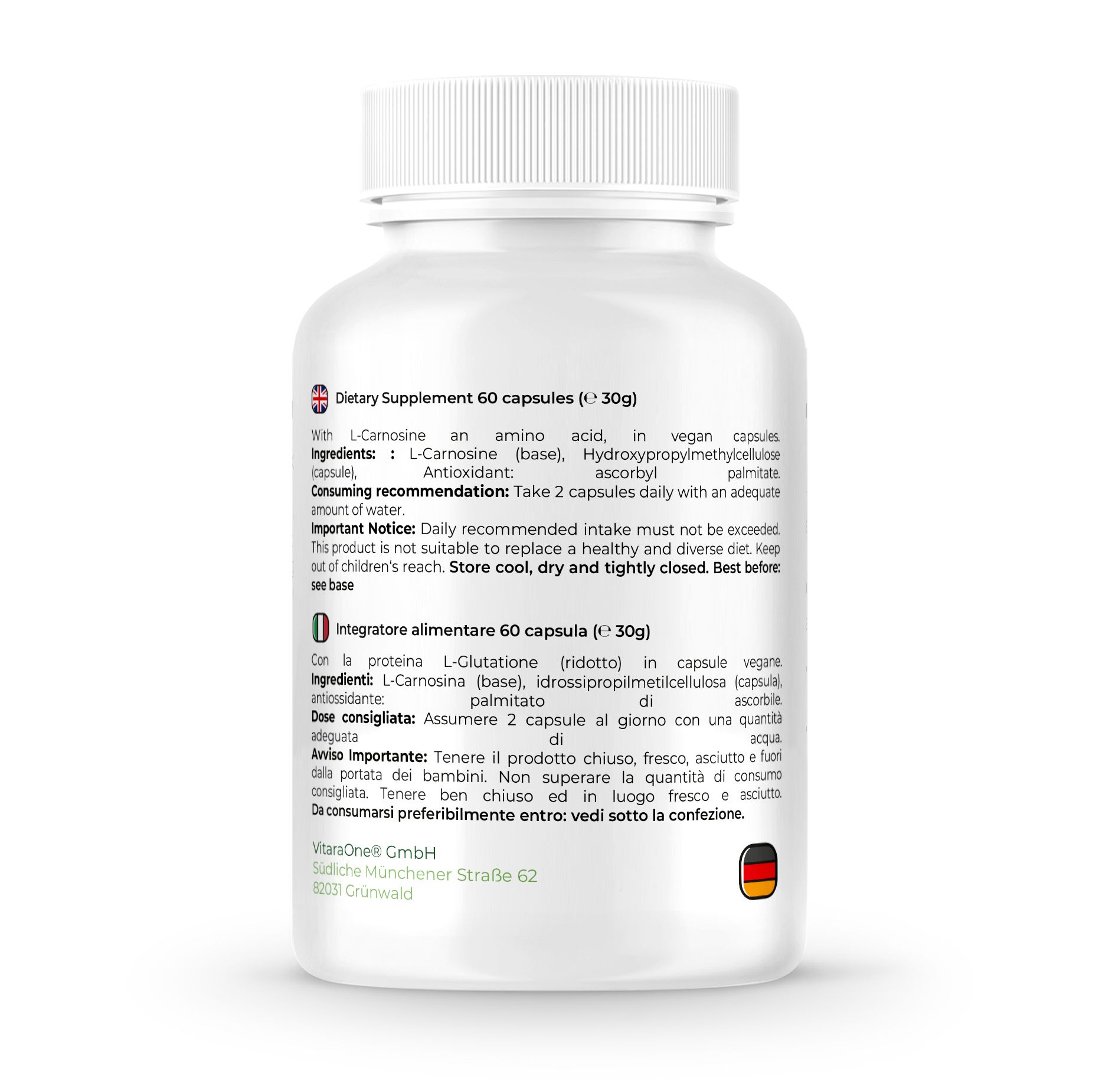 Retro del flacone bianco. Testo: Integratore alimentare. 60 capsule. Ingredienti e raccomandazioni. Sigillo vegano.