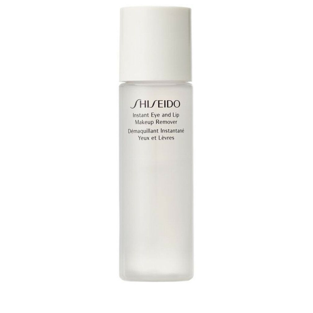 Flacone con tappo bianco. Scritta: SHISEIDO, struccante occhi e labbra. Liquido trasparente visibile.