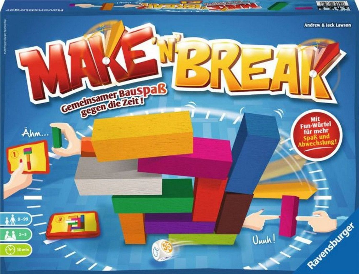 Scatola del gioco Make 'n' Break. Mattoncini colorati, dadi, carte. Nome del prodotto e logo Ravensburger visibili.