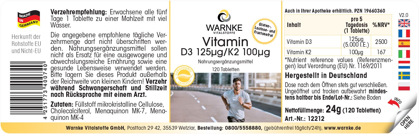 Etichetta di una confezione di pillole con la scritta: Warnke Vitalstoffe Vitamin D3 125µg/K2 100µg. Contiene informazioni sugli ingredienti e il dosaggio.