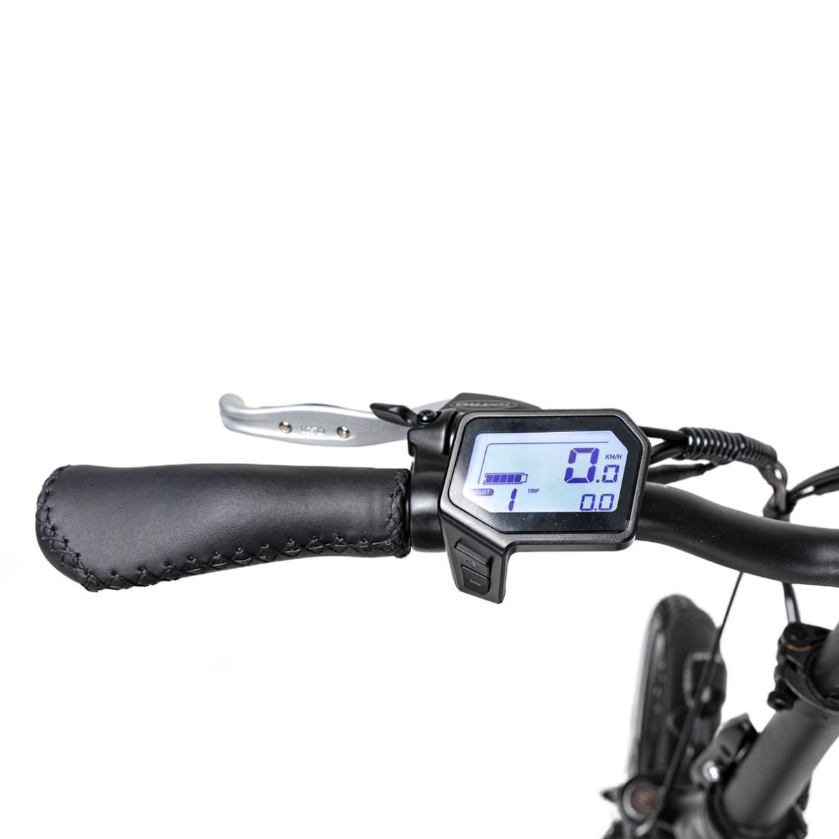 Manubrio della bicicletta con display. Colore nero. Vista dettagliata.