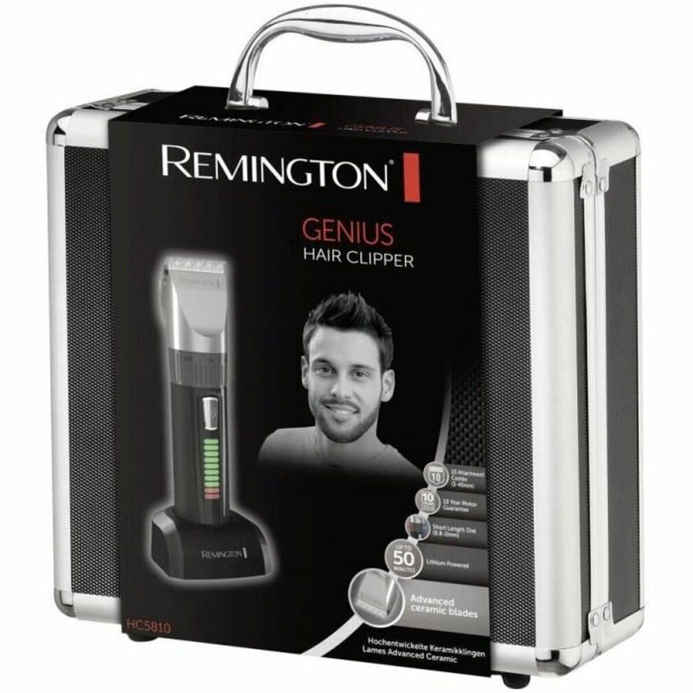Set tagliacapelli in valigetta argentata. Nome prodotto: Remington Genius Hair Clipper. Immagine del prodotto sulla scatola.
