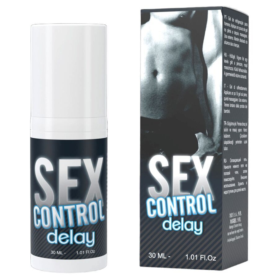 Flacone cilindrico e scatola. Scritta: SEX CONTROL delay. Volume: 30 ml - 1.01 Fl.oz. Immagine di un uomo sulla scatola.