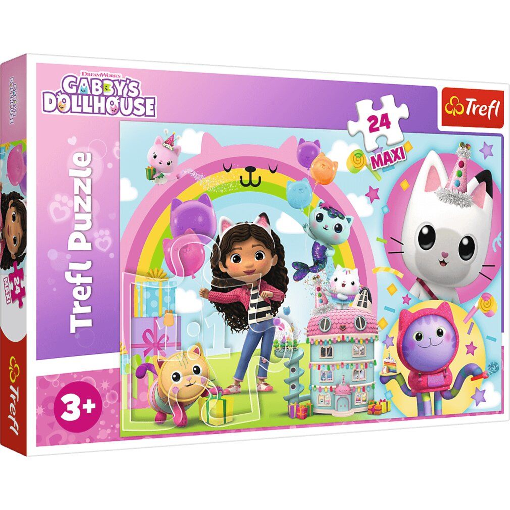 Confezione del puzzle Gabby's Magic House. Il puzzle mostra Gabby e personaggi di gatti. Marchio Trefl.
