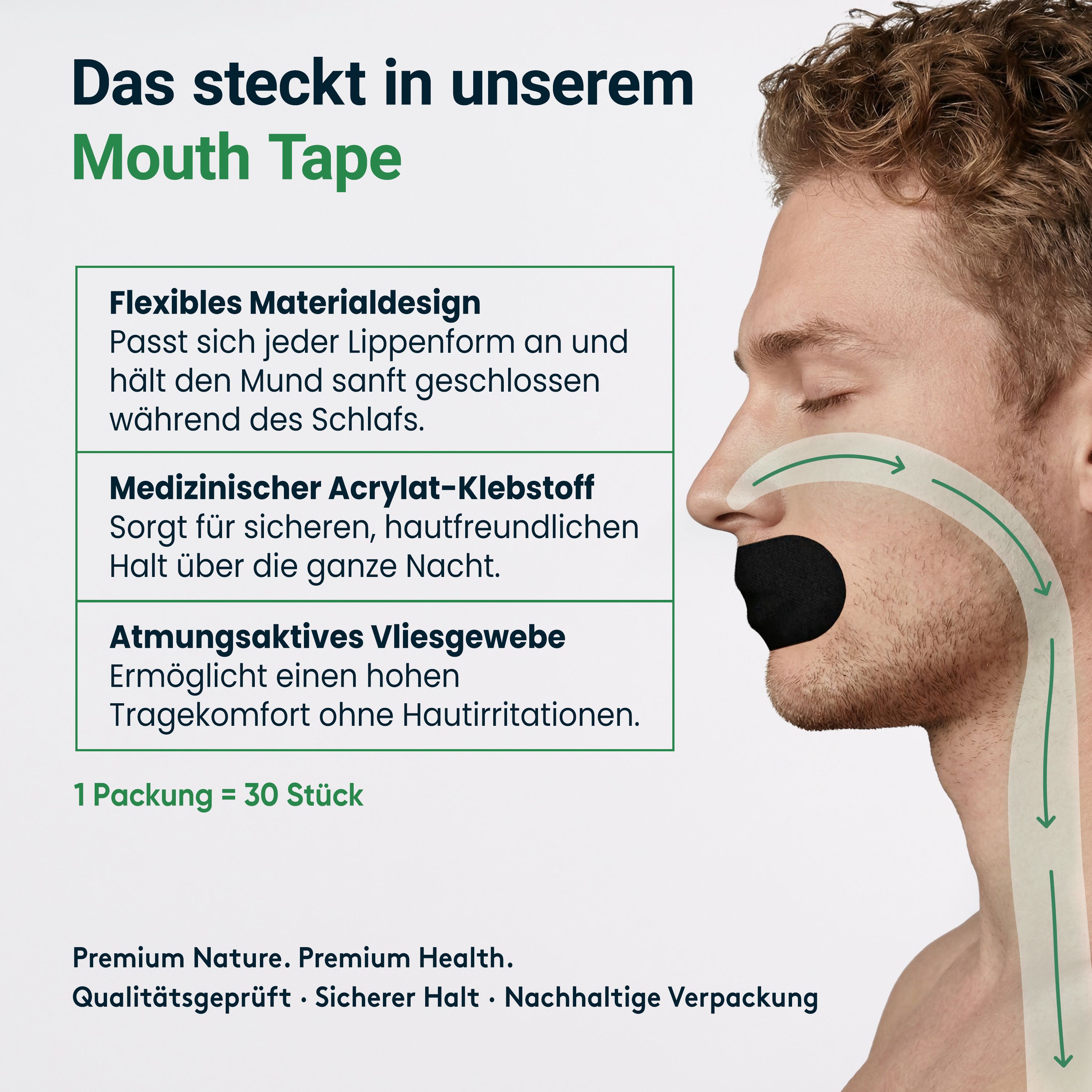 Uomo con cerotto per la bocca. Testo: Design del materiale flessibile, adesivo acrilico medico, tessuto non tessuto traspirante. 1 confezione = 30 pezzi.