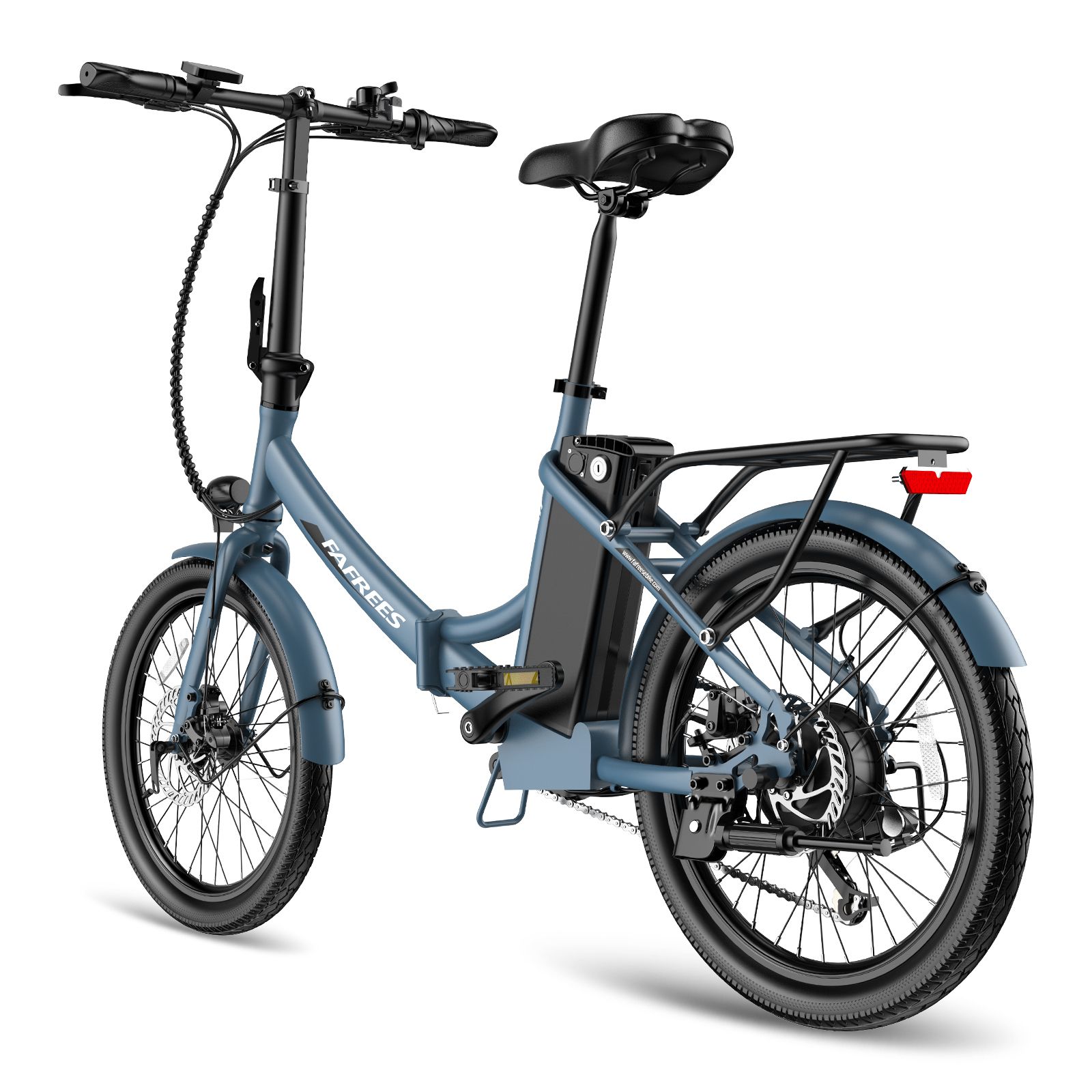 E-bike Fafrees F20Light blu, vista posteriore. Pneumatici neri, portapacchi, batteria e sella. Fanale posteriore.