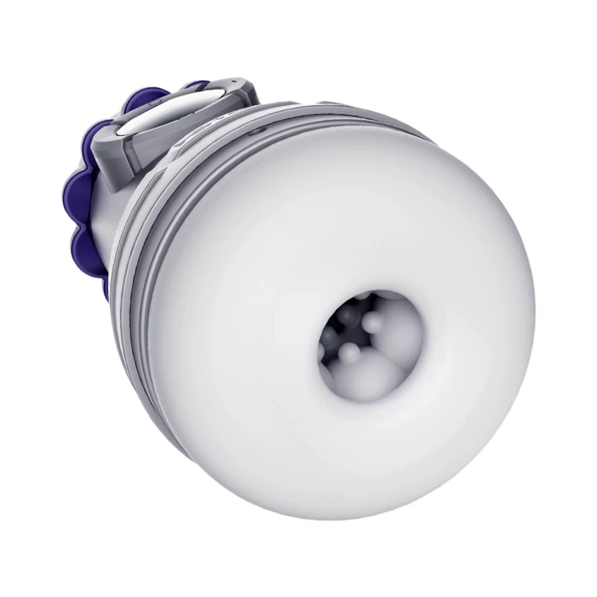 Dispositivo grigio con apertura bianca. Dettagli viola. Struttura interna con rilievi.