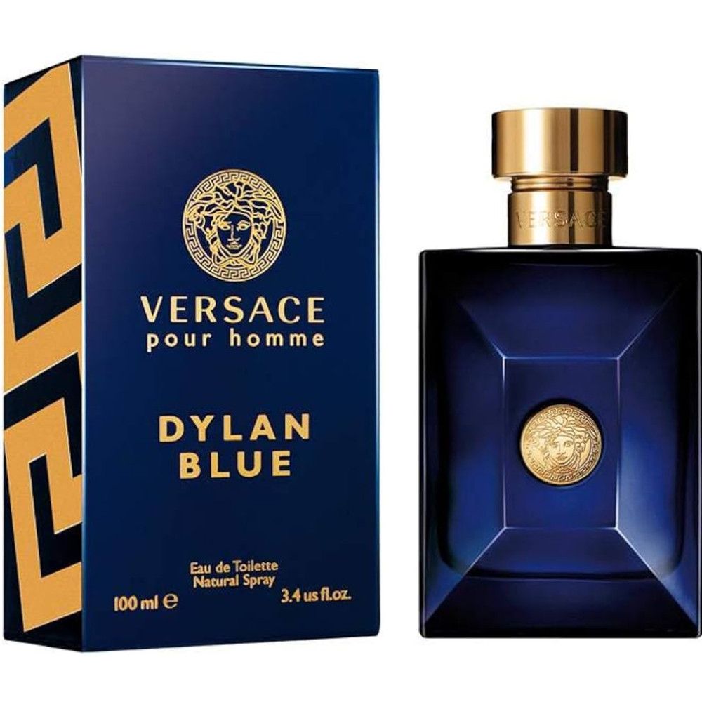 Flacone e scatola di profumo blu. Tappo dorato. Scritta: Versace pour homme Dylan Blue. Logo Medusa.
