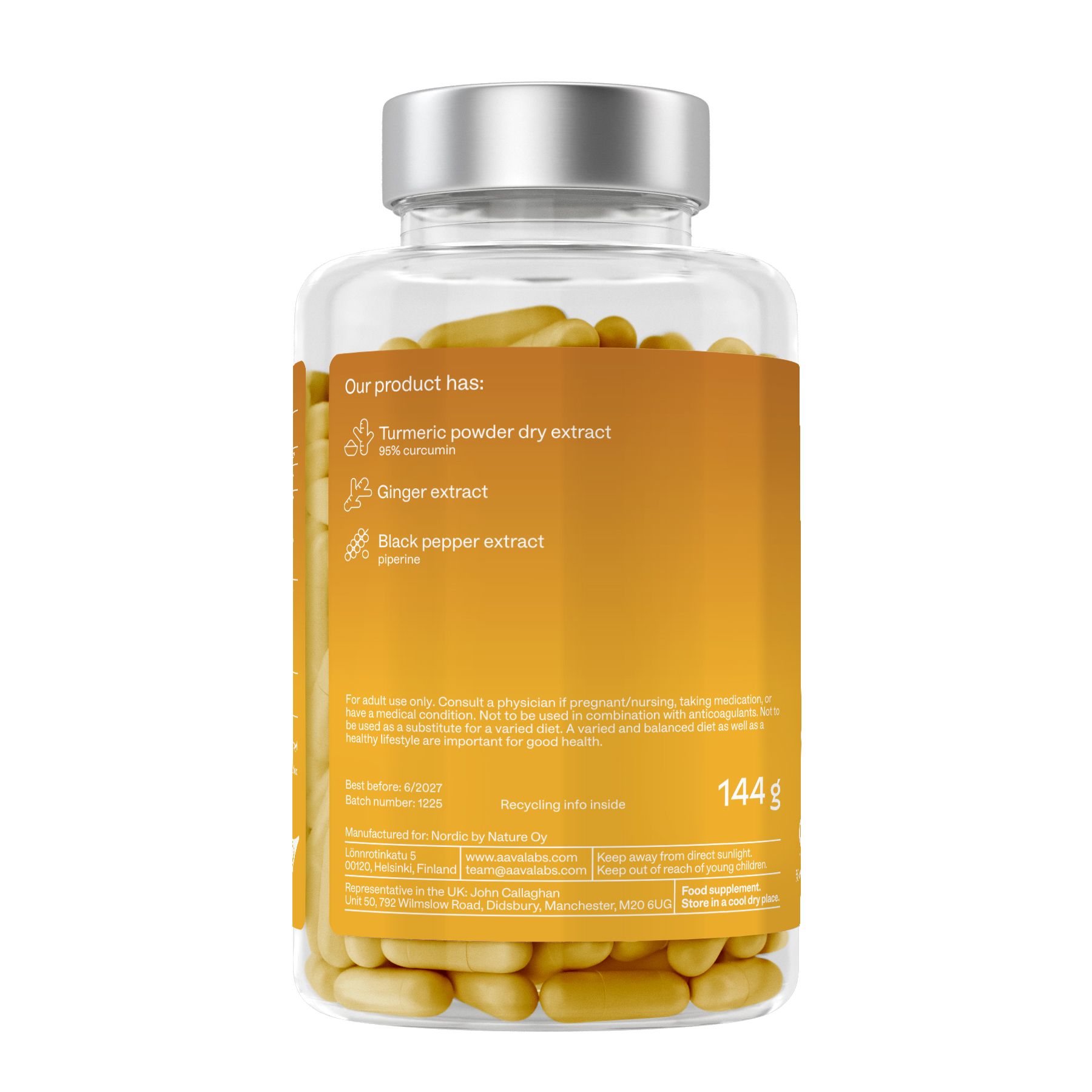 Retro del flacone di capsule. Scritta: curcuma, zenzero, piperina. 144g. Contiene 180 capsule. Simbolo di riciclaggio.