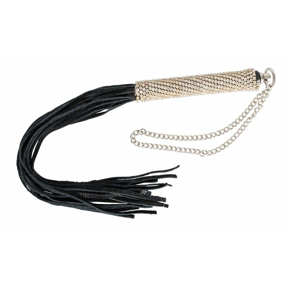 Frusta con frusta in pelle nera e manico argentato con strass. Catena all'estremità.