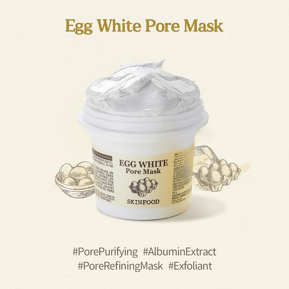 Vasetto con maschera, uova e illustrazioni. Scritta: Egg White Pore Mask, Skinfood.