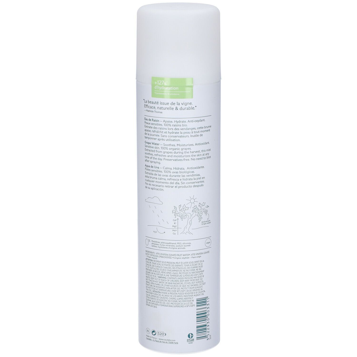 Flacone spray bianco Caudalie. Retro con testo e illustrazioni. Adesivo verde con testo.