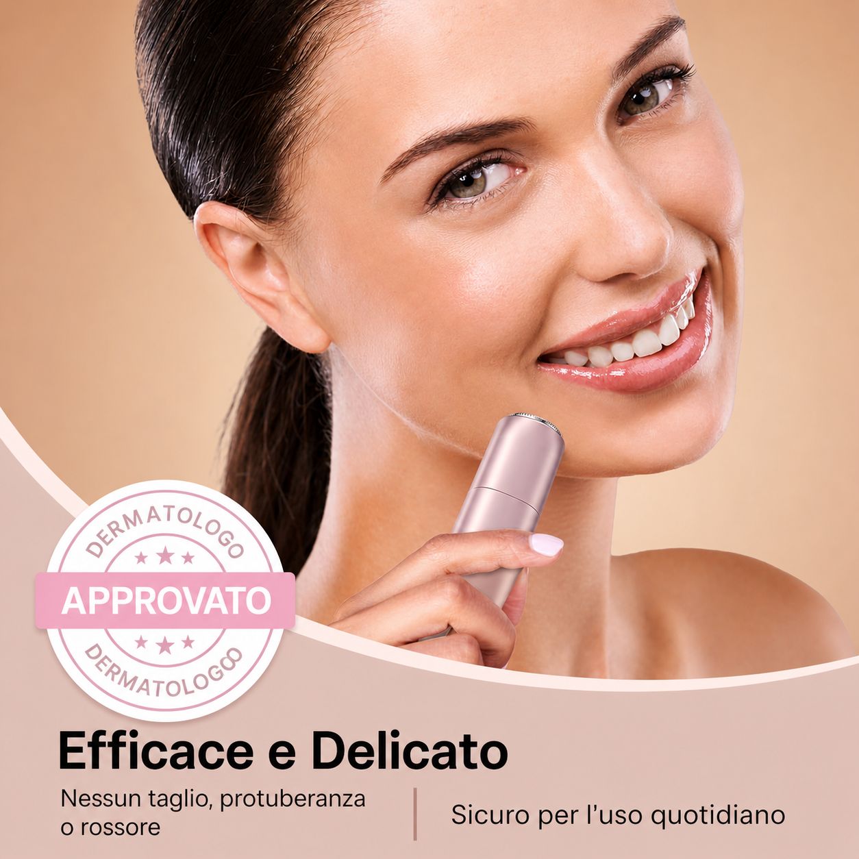 Epilatore viso rosa. Approvato dai dermatologi. Testo: Efficace e delicato, niente arrossamenti. Sicuro per l'uso quotidiano.