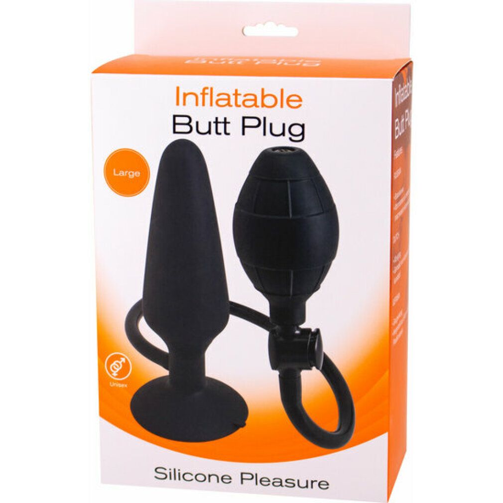 Plug anale gonfiabile nero con pompa. Confezione con nome del prodotto e indicazione "Large". Scritta "Silicone Pleasure".