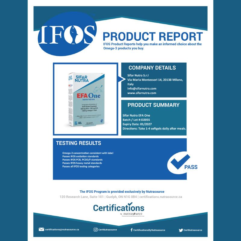 Rapporto prodotto IFOS. Sifar Nutra EFA One. Informazioni su azienda, prodotto, risultati dei test e certificazioni.