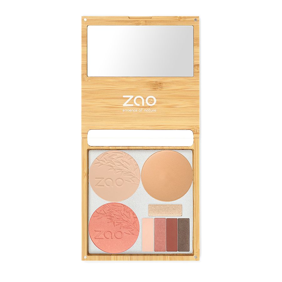 Palette trucco in bambù con specchio, cipria e ombretti. Marchio ZAO.