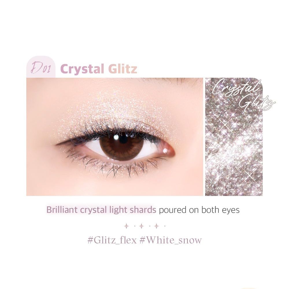 Occhio con ombretto Crystal Glitz. Accanto, un estratto dell'ombretto. Testo: Brilliant crystal light shards poured on both eyes.