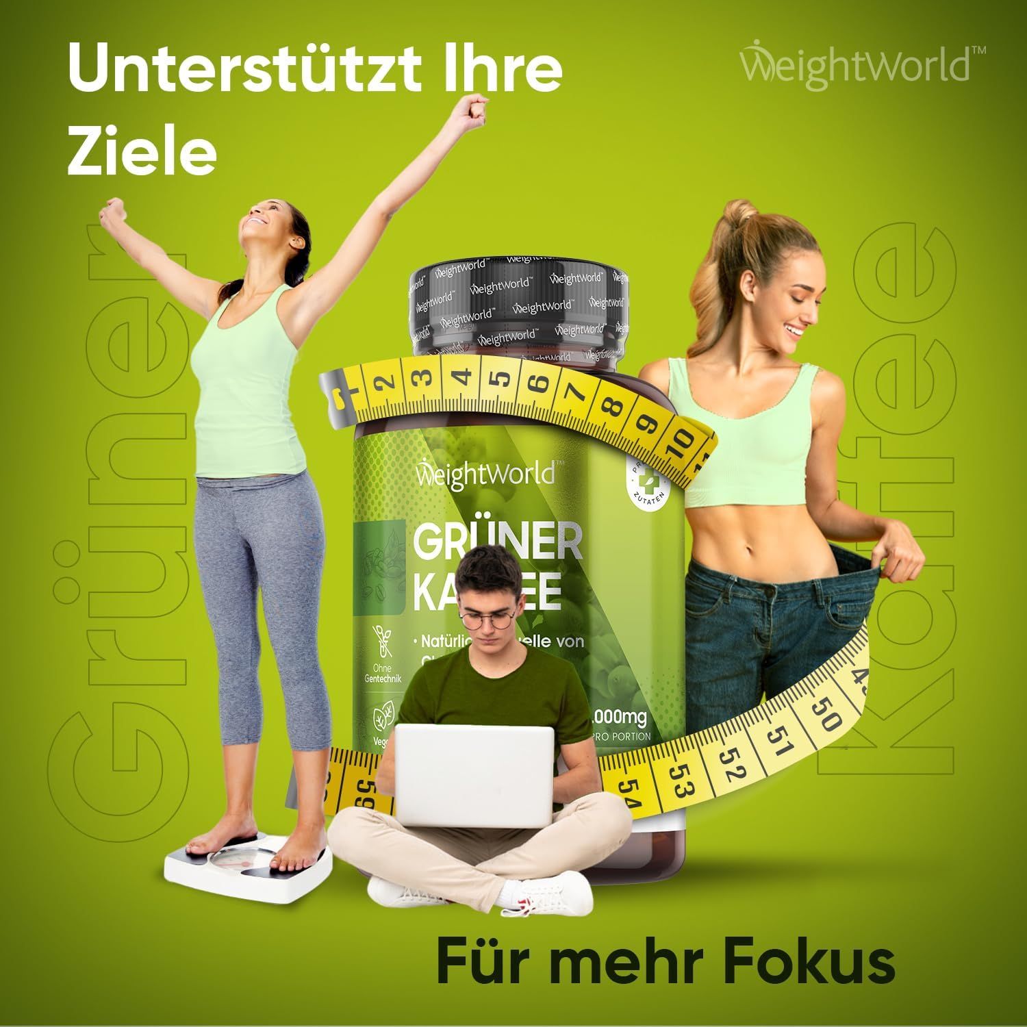 Pubblicità con persone e flacone. Flacone: WeightWorld Caffè Verde. Persone su bilancia, con laptop e pantaloni larghi.