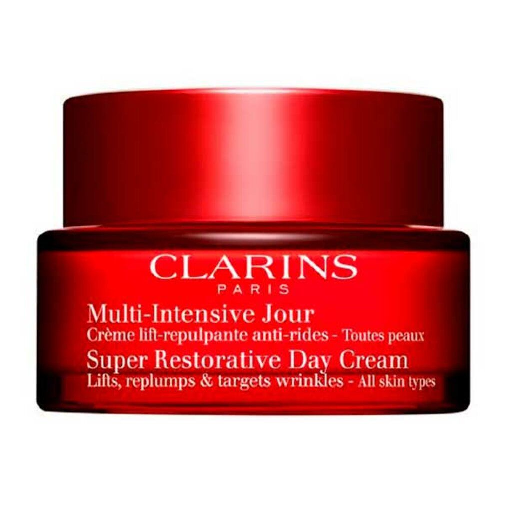 Vaso rosso con coperchio. Scritta: CLARINS PARIS, Multi-Intensive Jour, Super Restorative Day Cream.