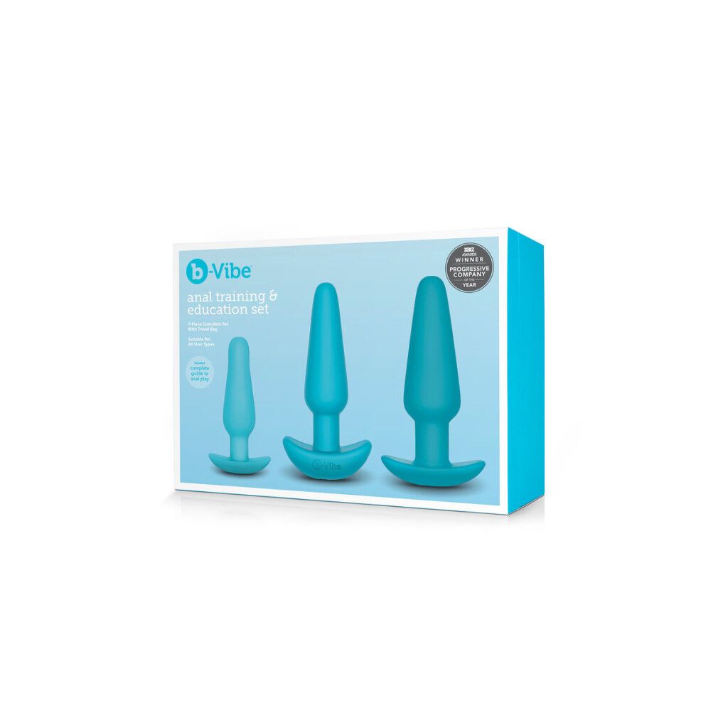 Confezione con tre plug anali turchesi di diverse dimensioni. Scritta: Anal Training & Education Set.