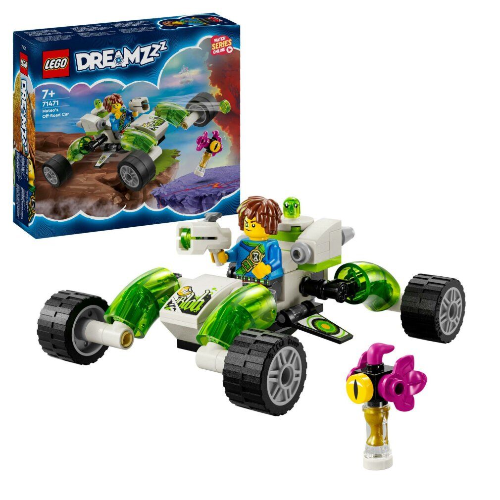 LEGO DREAMZzz 71471. Auto fuoristrada e confezione. Veicolo verde e bianco, ruote nere. Personaggio aggiuntivo.