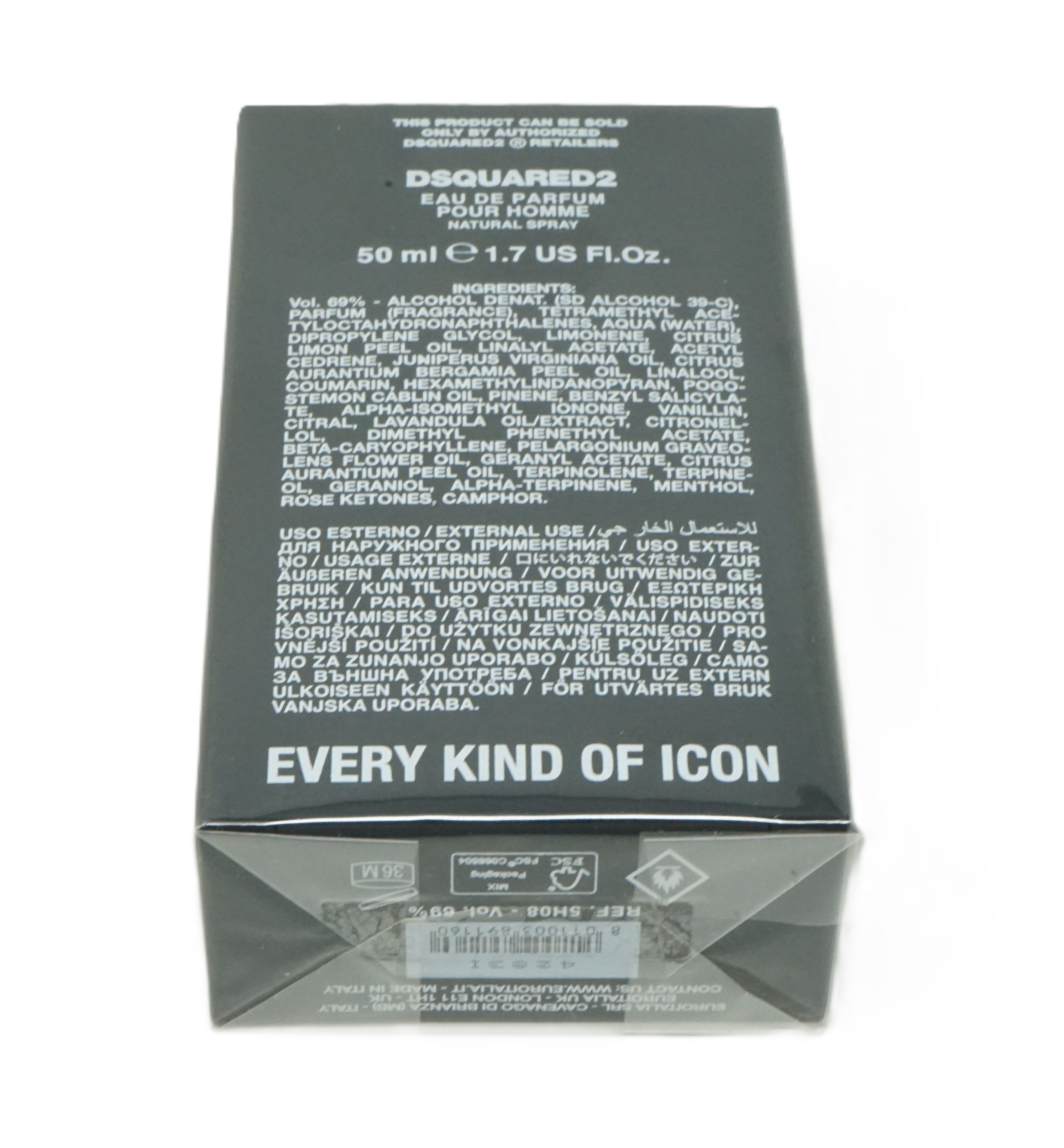 Scatola nera con testo. Sopra: Dsquared2, Eau de Parfum, 50 ml. Sotto: "Every Kind of Icon".