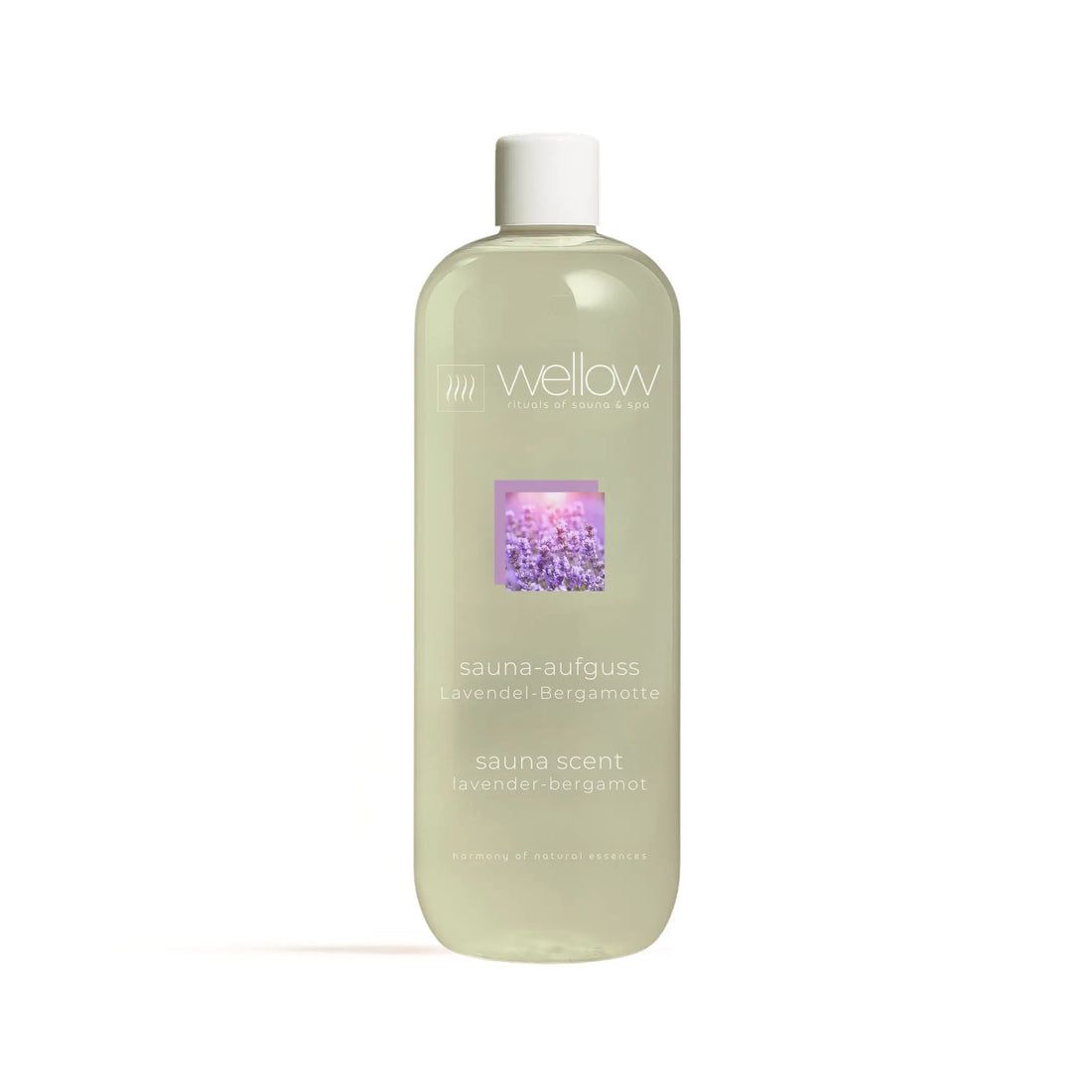 Flacone trasparente con tappo bianco. Etichetta con nome del prodotto e motivo lavanda-bergamotto. Wellow Sauna-Aufguss.
