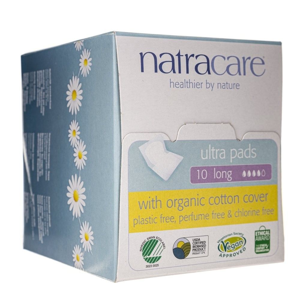 Confezione da 10 assorbenti Natracare Ultra Pads lunghi, con copertura in cotone biologico, senza plastica, profumo e cloro.