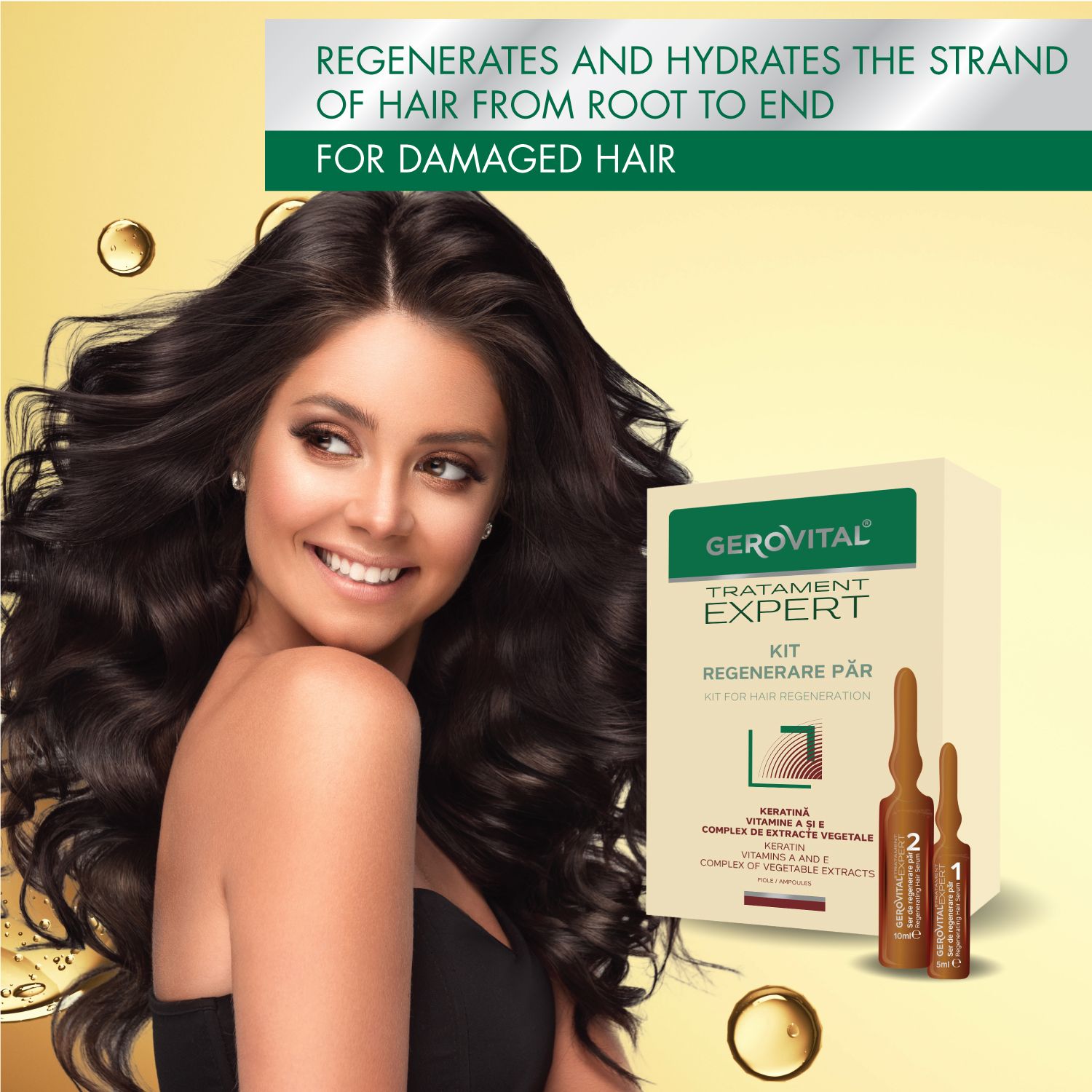 Donna con lunghi capelli scuri. Accanto a lei: Kit Gerovital Expert con due fiale. Testo: Rigenera e idrata i capelli.