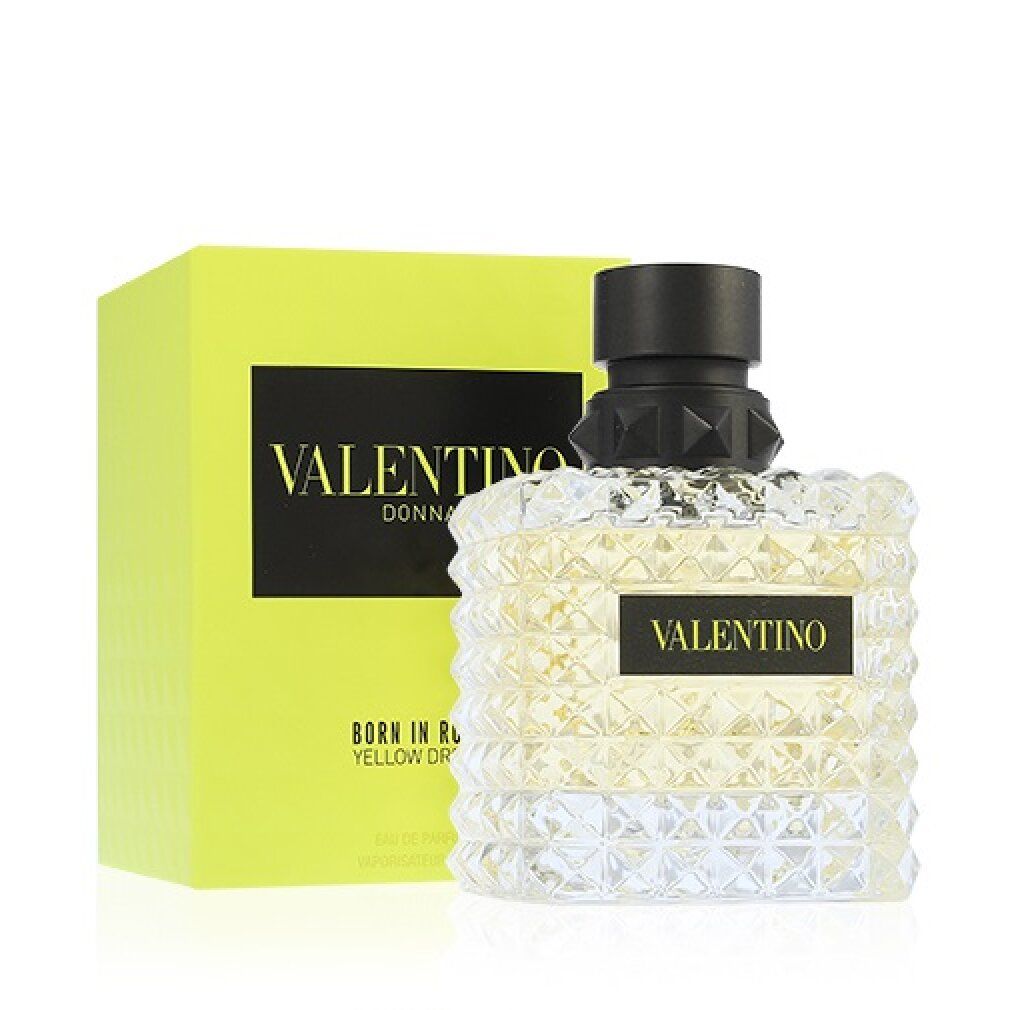 Valentino Donna Born In Roma Yellow Dream Eau de Parfum. Scatola e flacone gialli. Tappo nero. Flacone quadrato con borchie.