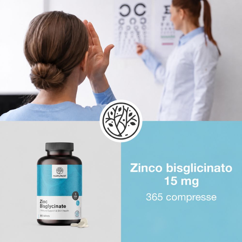 Donna durante un test della vista, flacone di Zinco Bisglicinato 15 mg, 365 compresse.