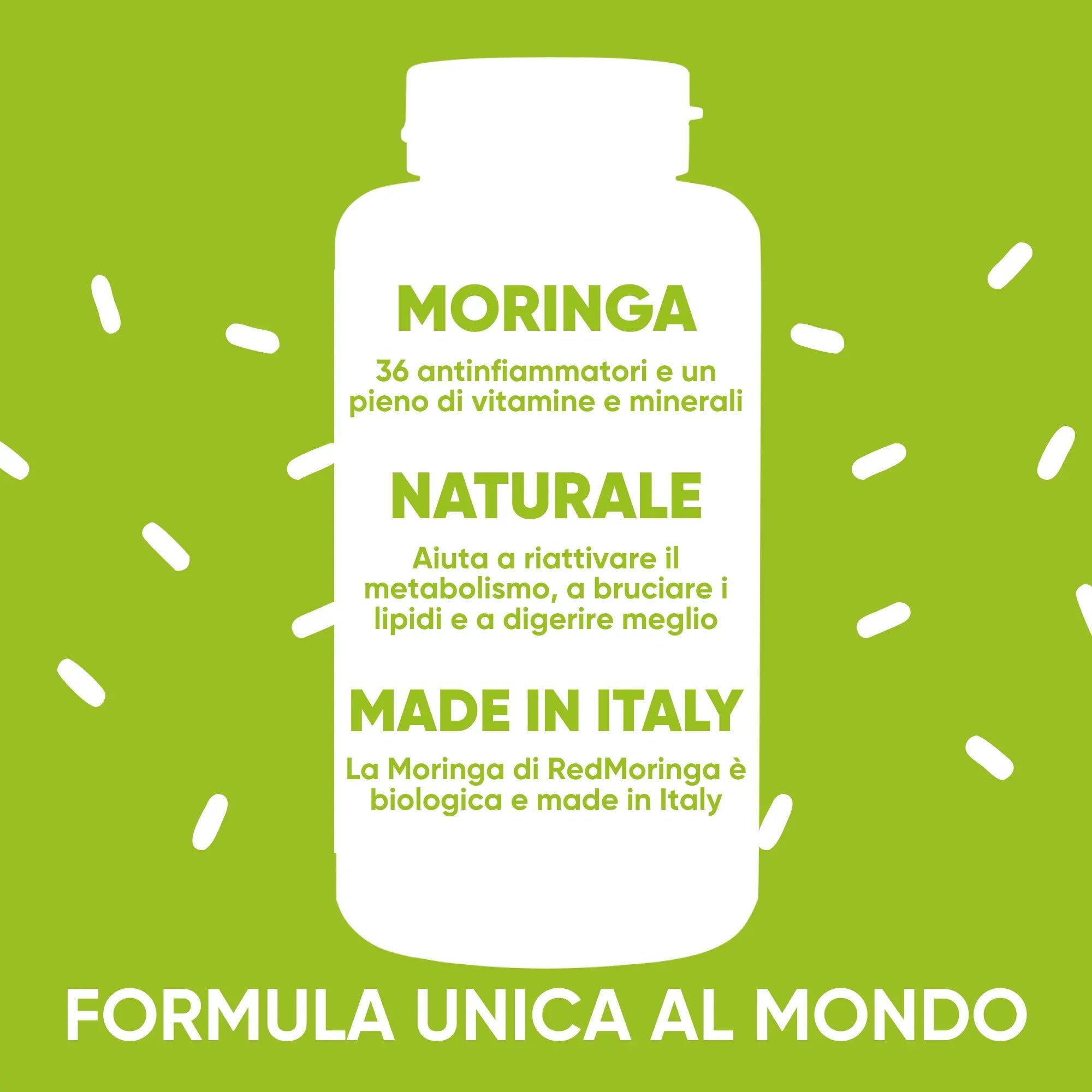 Bottiglia bianca con testo: MORINGA, NATURALE, MADE IN ITALY. Scritta: 36 antinfiammatori, ricco di vitamine e minerali.