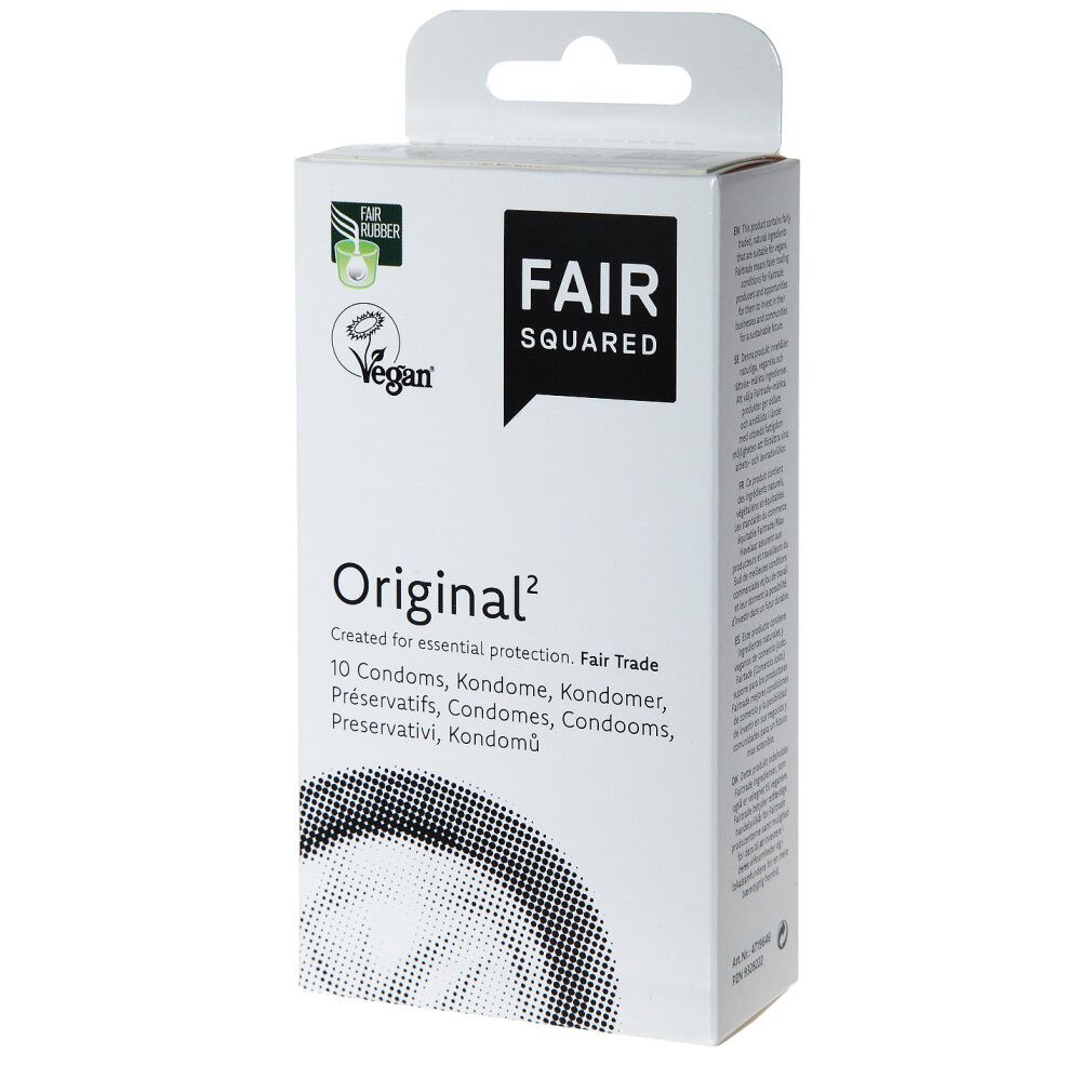 Scatola di preservativi "FAIR SQUARED Original²". Logo Fair Rubber e certificazione Vegan. Testo multilingue. Con gancio.