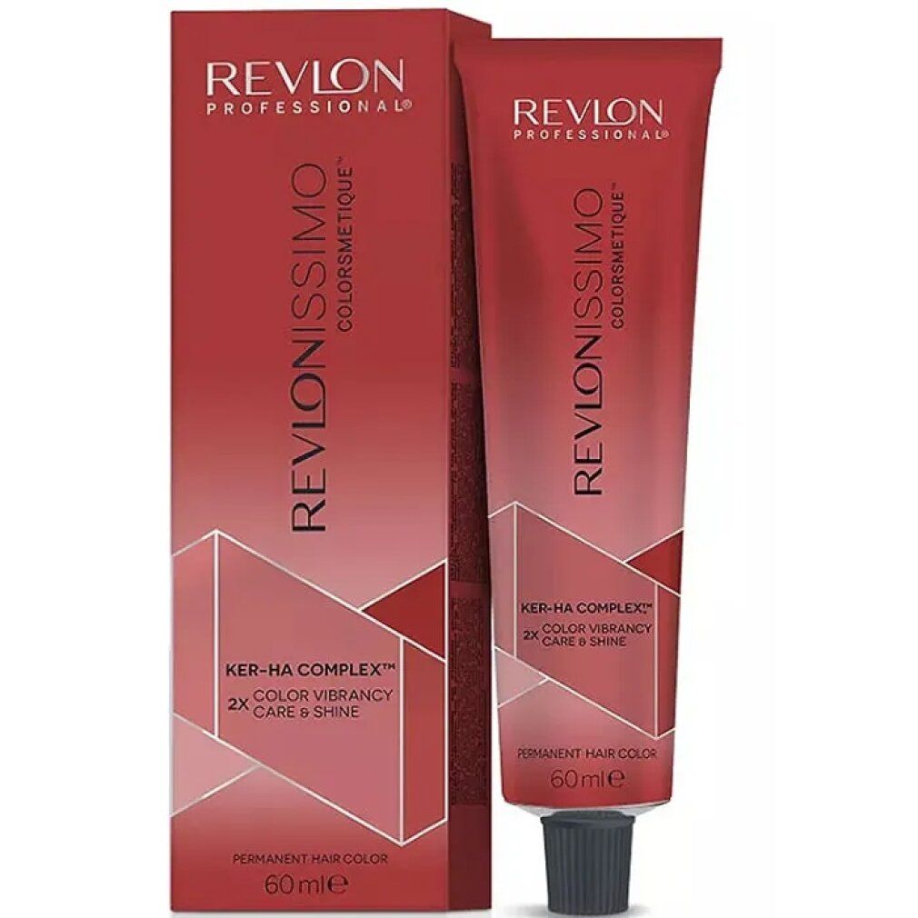 Tubo e scatola rossi. Scritta: Revlonissimo Colorsmetique. Contiene 60ml. Con Ker-Ha Complex per brillantezza e cura.