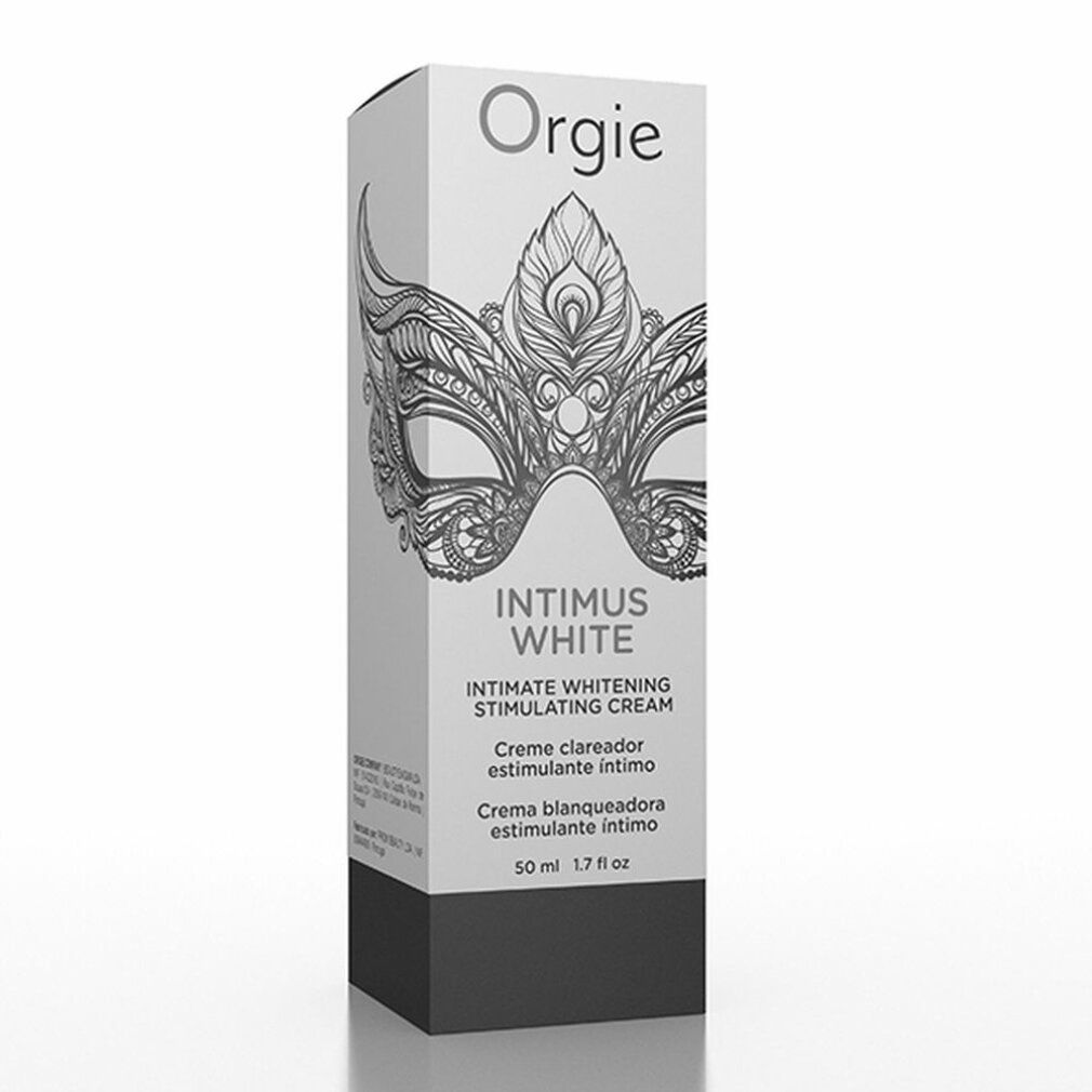 Confezione bianca con base nera. Scritta: Orgie, Intimus White, Intimate Whitening Stimulating Cream. 50 ml.