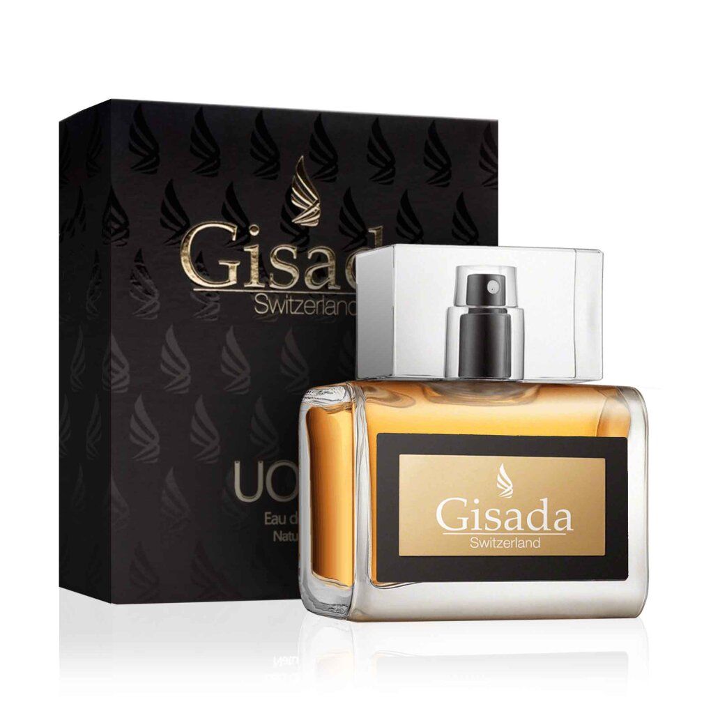 Gisada Uomo Eau de Toilette Spray. Flacone rettangolare in vetro con contenuto dorato. Confezione nera con scritta dorata.
