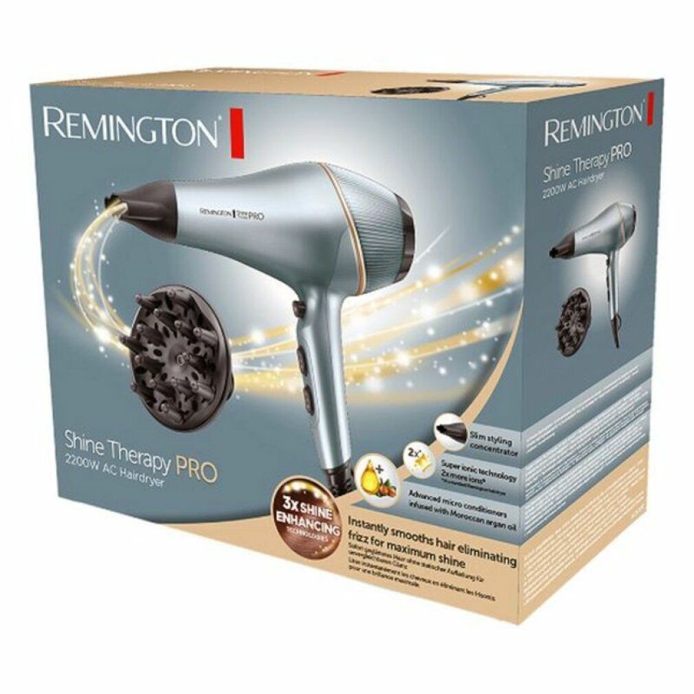 Asciugacapelli in confezione. Marca: Remington Shine Therapy PRO. Accessorio: diffusore. Testo: 2200W, 3x Shine Enhancing.